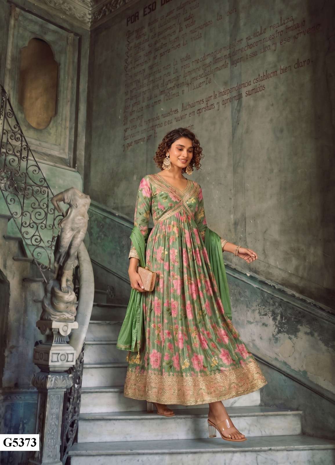 SANAAYA BOUTIQUE CHINON SILK DIGITAL PRINT PARTY WEAR LONG GOWN COLLECTION TEXTILE SHOP